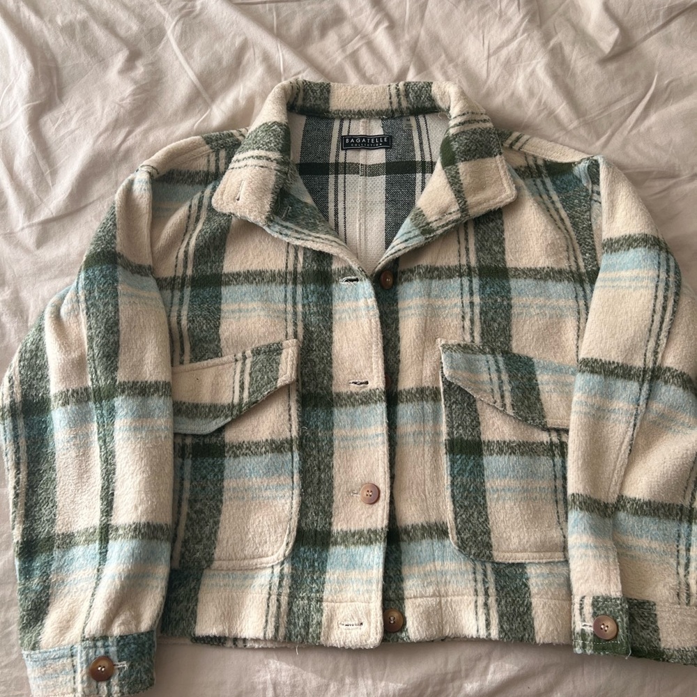 Bagatelle Green and Cream Plaid Teddy Jacket medium fall layering jacket